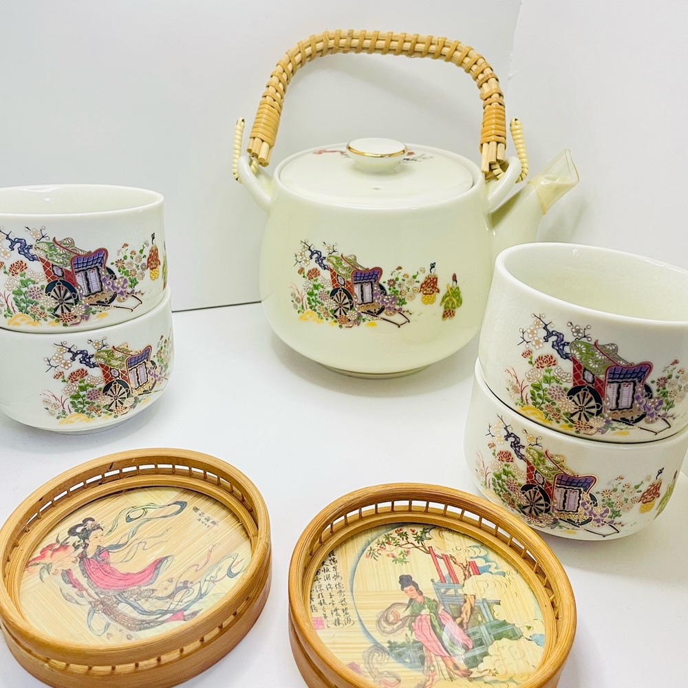 Vintage Japanese porcelain tea set with rattan wicker handle